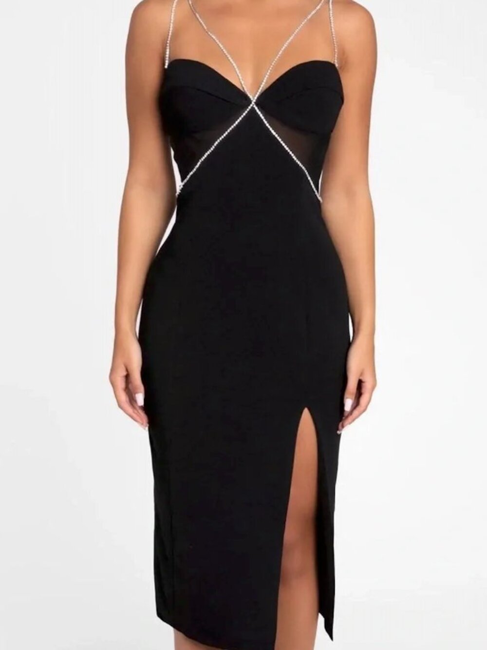 Elegant Black Midi Dress with Crystal Straps